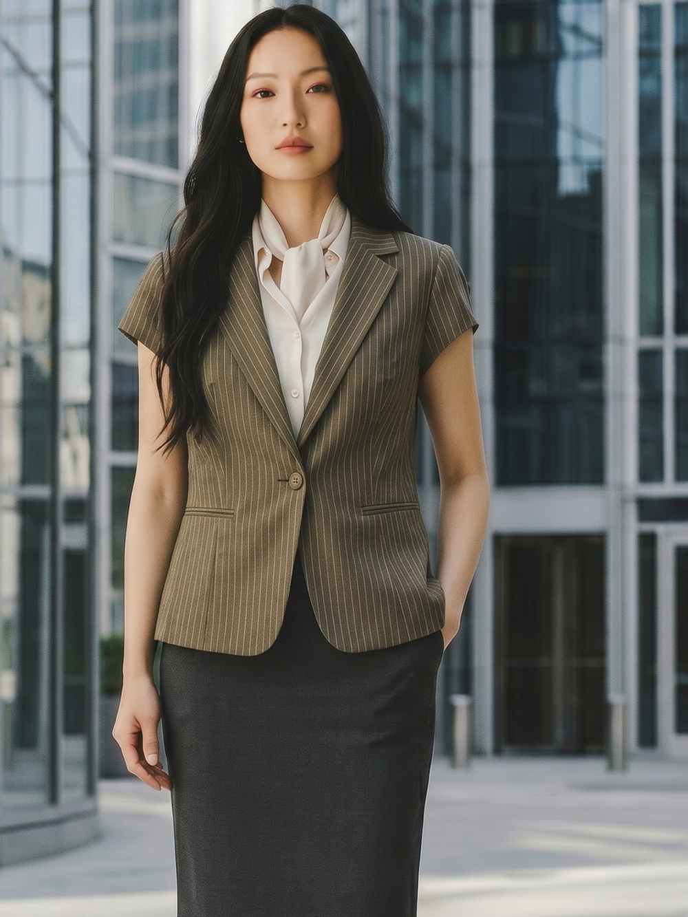 Women's Short Cap Sleeve 1 Button Blazer Jacket Striped